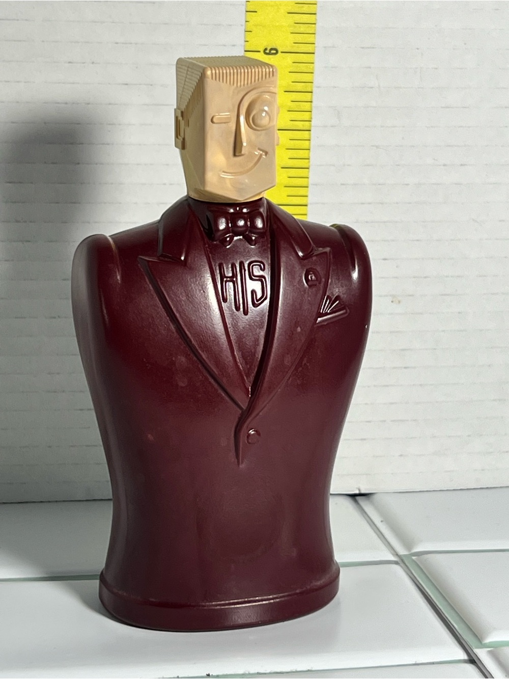 Vintage 'His' Tuxedo Bust cologne empty bottle in Burgundy with Cream Head
